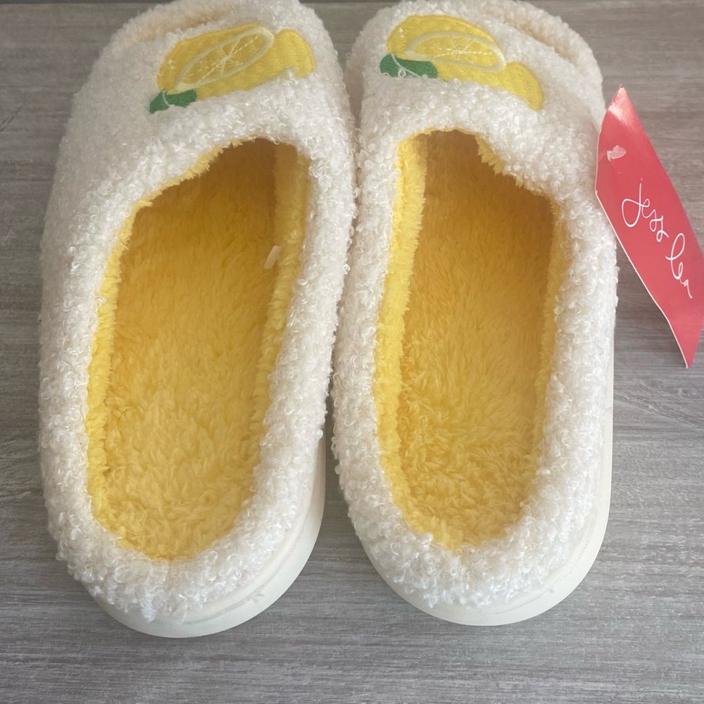Jess Lea Lemon Drop Open Toe Faux Sherpa Summer Fruit Nonskid Slippers S, L - Picture 4 of 6
